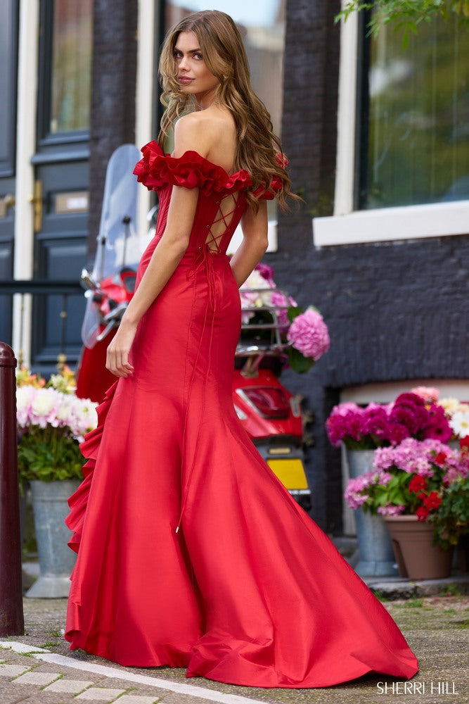 sherri hill red off the shoulder prom dress Sherri Hill 56240 00 / Pink