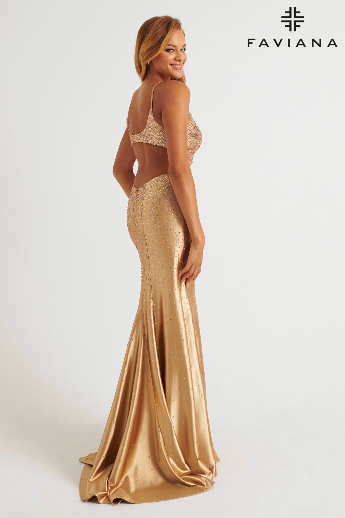 faviana gold dress Gold V-Neck Formal Dress With Elegant Beading Embellishment