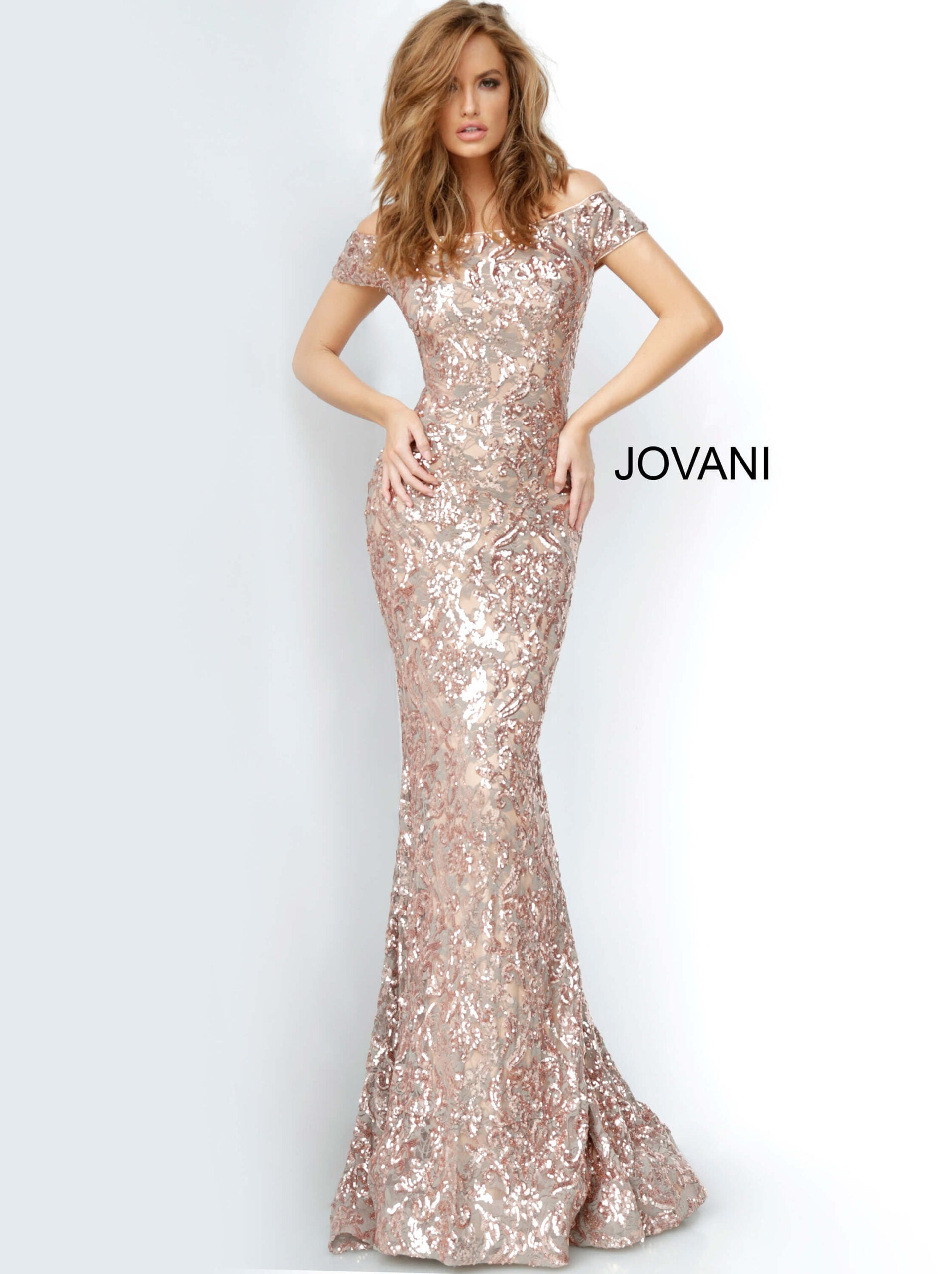Jovani Off-Shoulder Long Beaded Formal Dress -PromGirl Copper / 2 Jovani Off-Shoulder Long Beaded Formal Dress -PromGirl Copper / 2