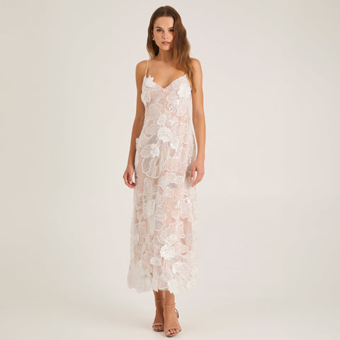 knee length dresses for ladies Helsi Martine Floral Appliqué Lace Midi Cocktail Dress in Sky at Nordstrom, Size Small main image 1