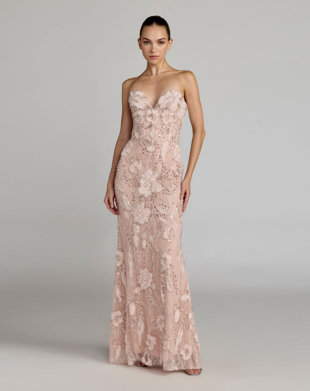 Mac Duggal Women's Floral Embellished Mesh Strapless Column Gown - Porcelain - Size 2 Mac Duggal Women's Floral Embellished Mesh Strapless Column Gown - Porcelain - Size 2
