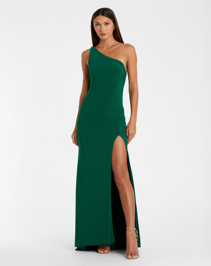 Blue Jersey One Shoulder Draped Back Gown | Mac Duggal US 14 Blue Jersey One Shoulder Draped Back Gown | Mac Duggal US 14