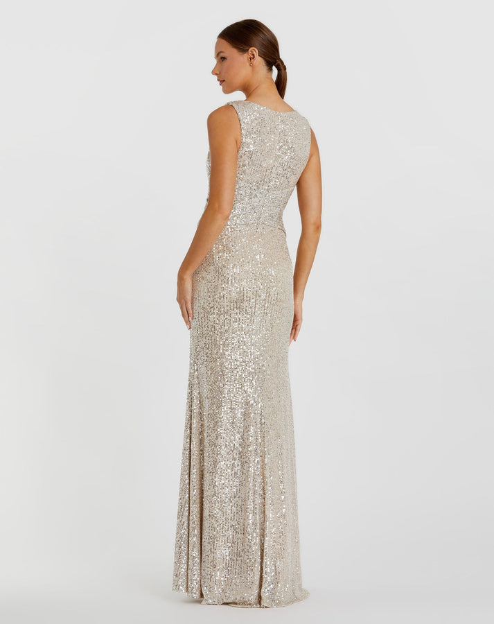 関税送料込【MAC DUGGAL】ロング ドレス ケープ 装飾 ゴールド Mac Duggal SALEパフスリーブシークインレースロングドレス
