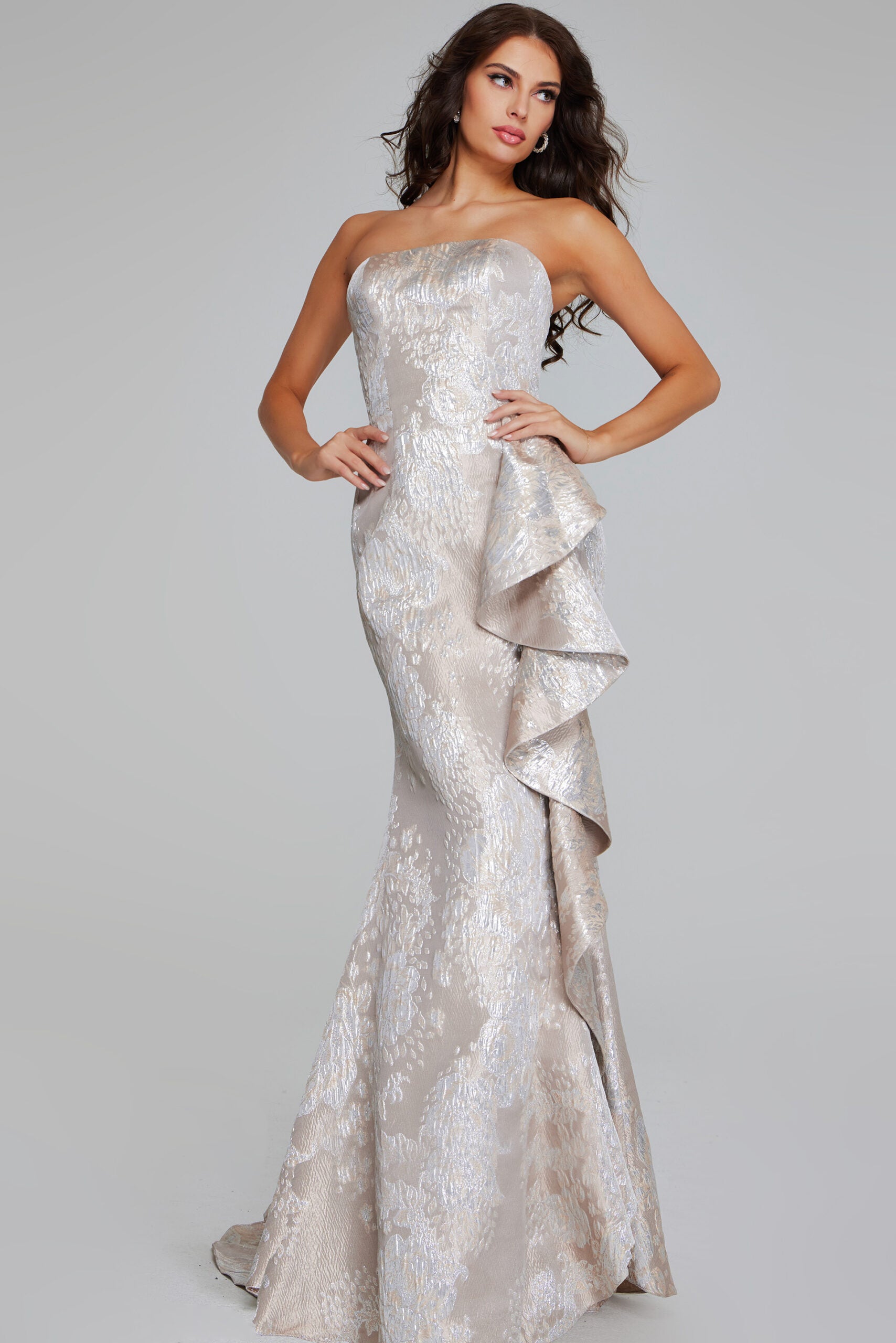 jovani strapless champagne dress Strapless Asymmetric Neckline Evening Column Gown 06255