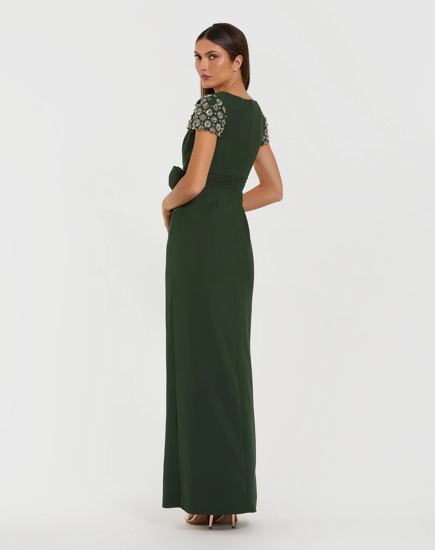 mac duggal green dress Ieena for Mac Duggal - Dark Green Beaded Cap Sleeve Crepe Gown With Bow and Slit