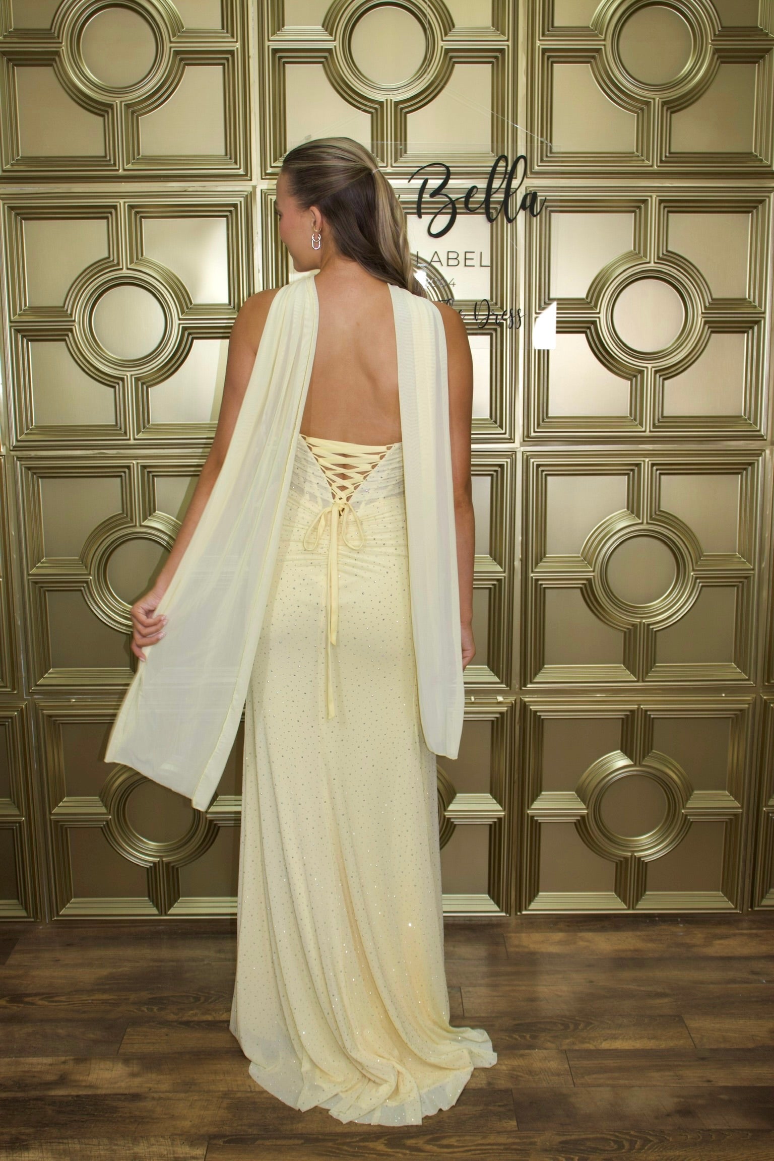 ladivine cd868 sheer corset high slit dress Applique Fitted Satin Corset Slit Gown by Ladivine CD868