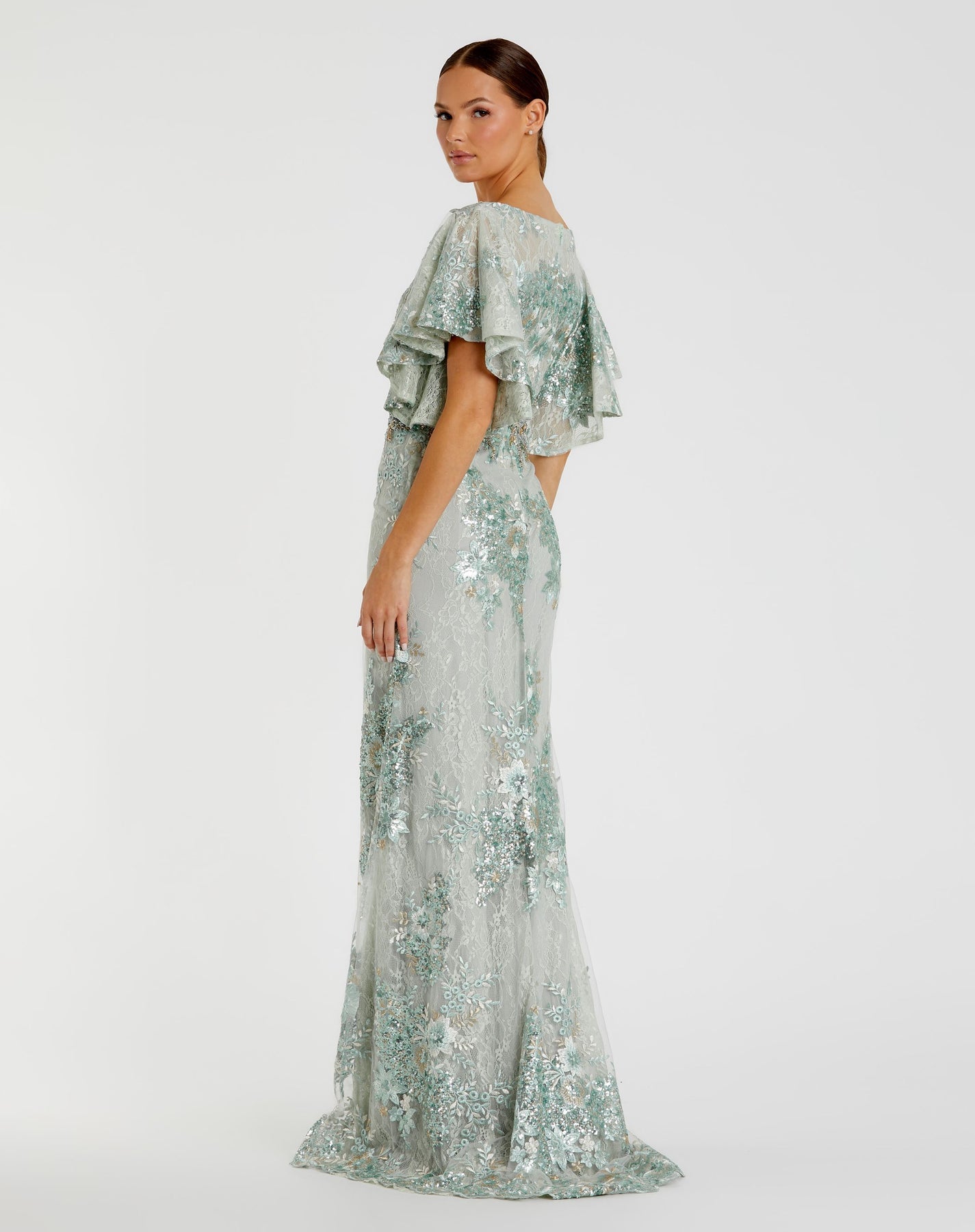 Mac Duggal Embellished Flutter Sleeve Trumpet Gown, Size 12, Seafoam Mac Duggal Embellished Flutter Sleeve Trumpet Gown, Size 12, Seafoam