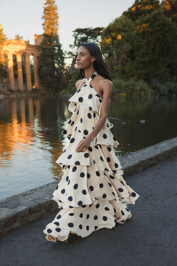 Beige Tiered Ruffle Polka Dot Charmeuse Gown | Mac Duggal Cream Black / S Beige Tiered Ruffle Polka Dot Charmeuse Gown | Mac Duggal Cream Black / S