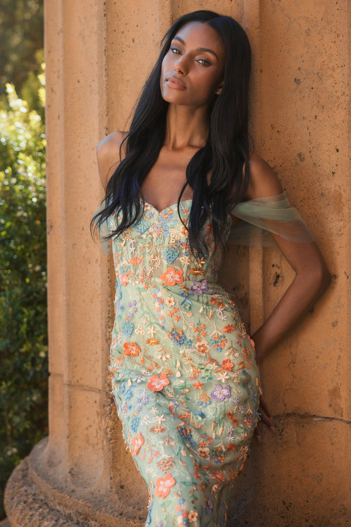 macdougall dresses Mac Duggal - Green Off-the-Shoulder Bustier Floral Column Gown