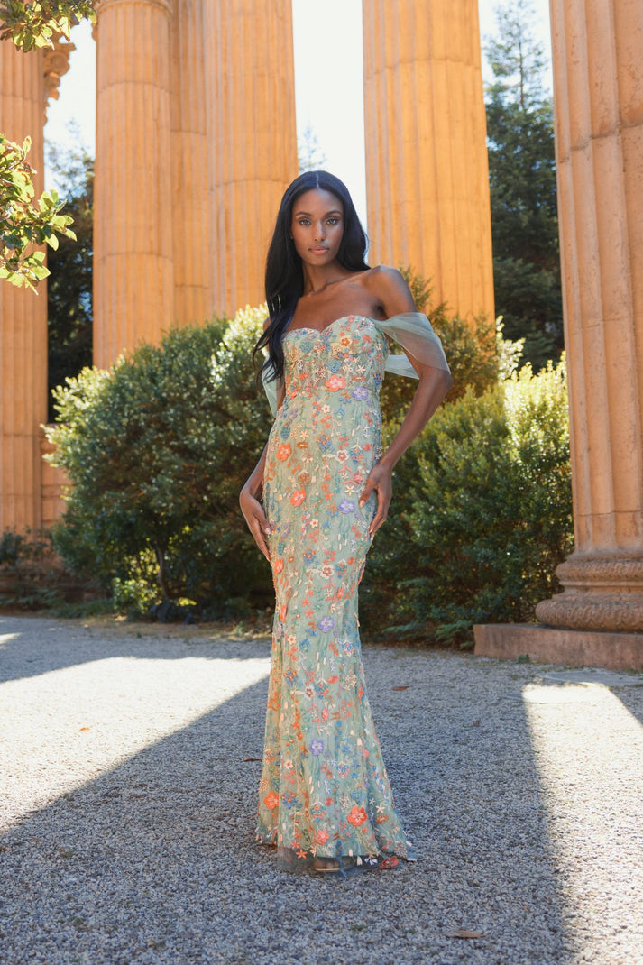 Mac Duggal Off-the-Shoulder Bustier Embroidered Net Gown - Sage Multi Mac Duggal Off-the-Shoulder Bustier Embroidered Net Gown - Sage Multi