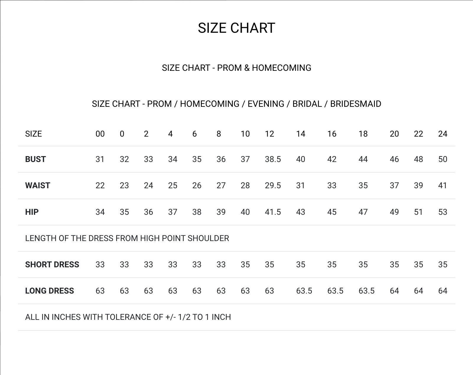 Primavera Size Chart