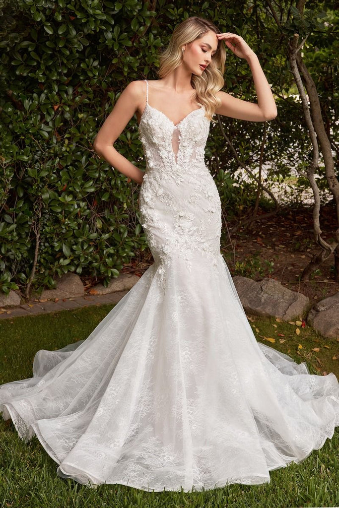 Ladivine CD928 Long Lace Mermaid Wedding Dress Plunging Neckline Brida –  Glass Slipper Formals