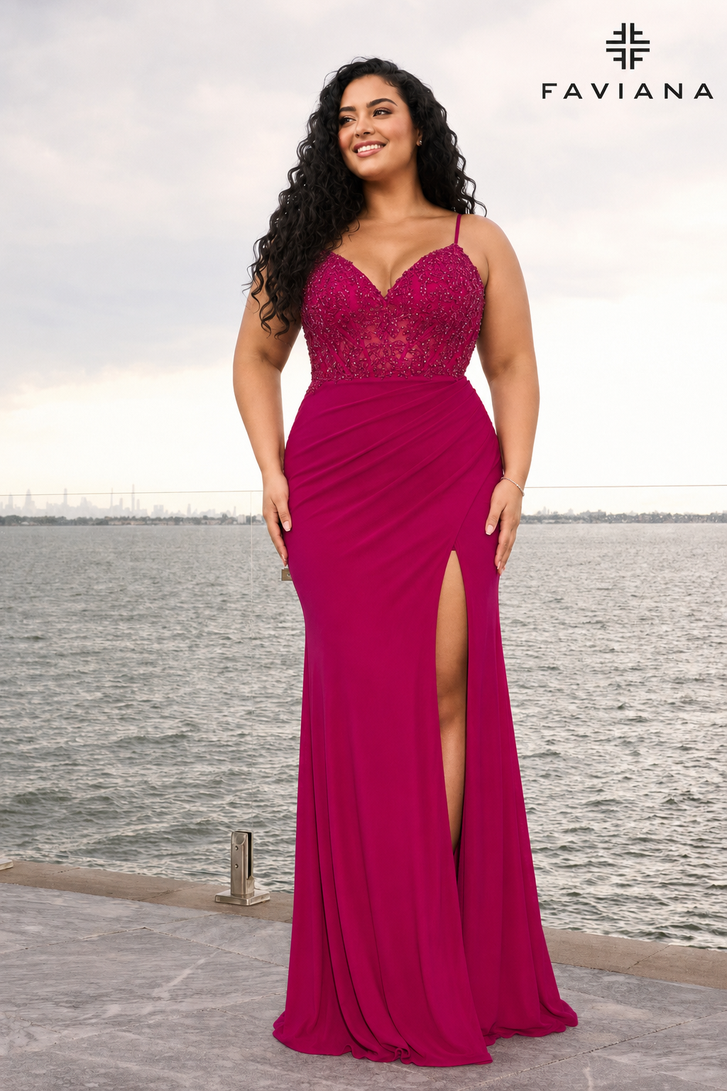 Faviana 11653 Bright Raspberry Front (Plus Size)