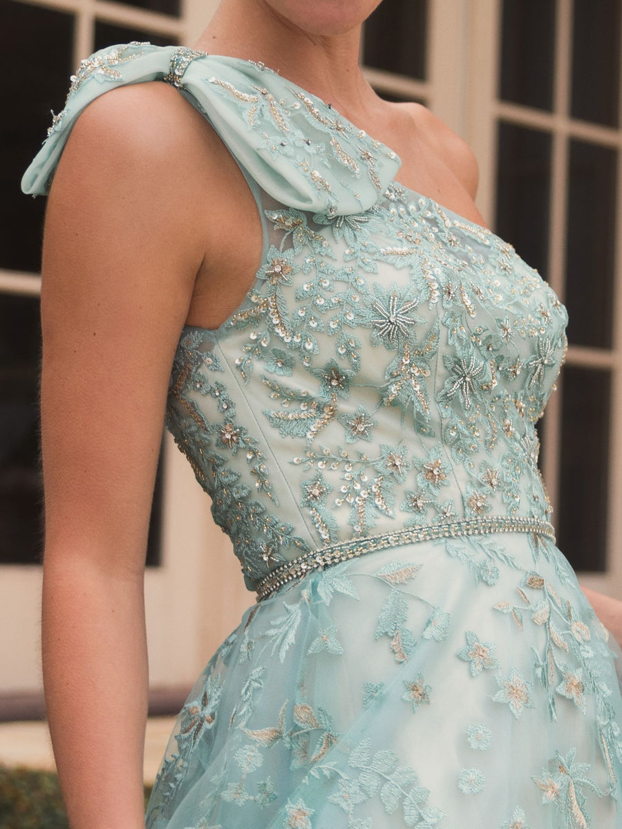 Green Embellished Bow One Shoulder A Line Gown - Mac Duggal Sage / US 12 Green Embellished Bow One Shoulder A Line Gown - Mac Duggal Sage / US 12