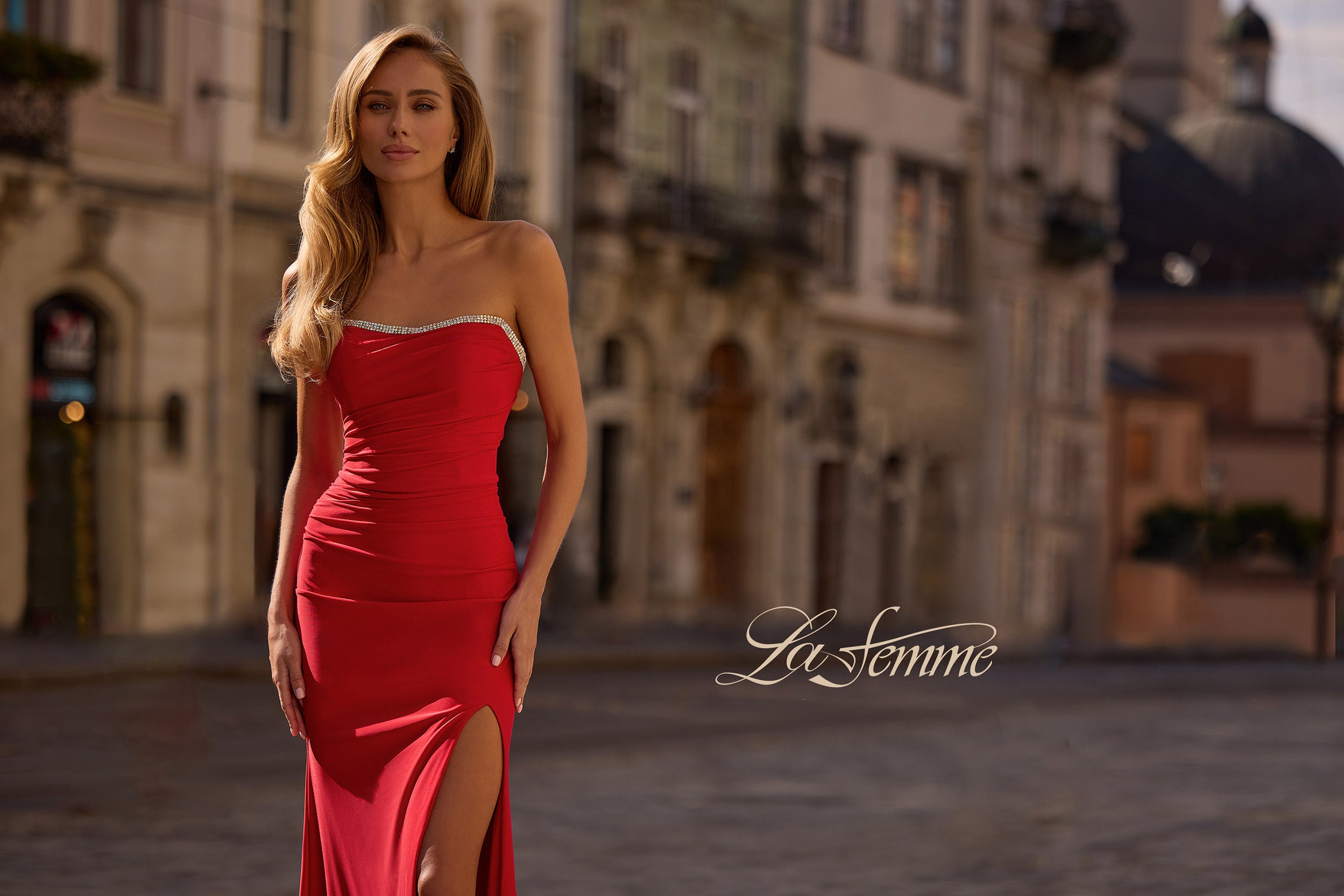 la femme red strapless dress La Femme 32784 High Slit Notched Neckline Strapless Dress