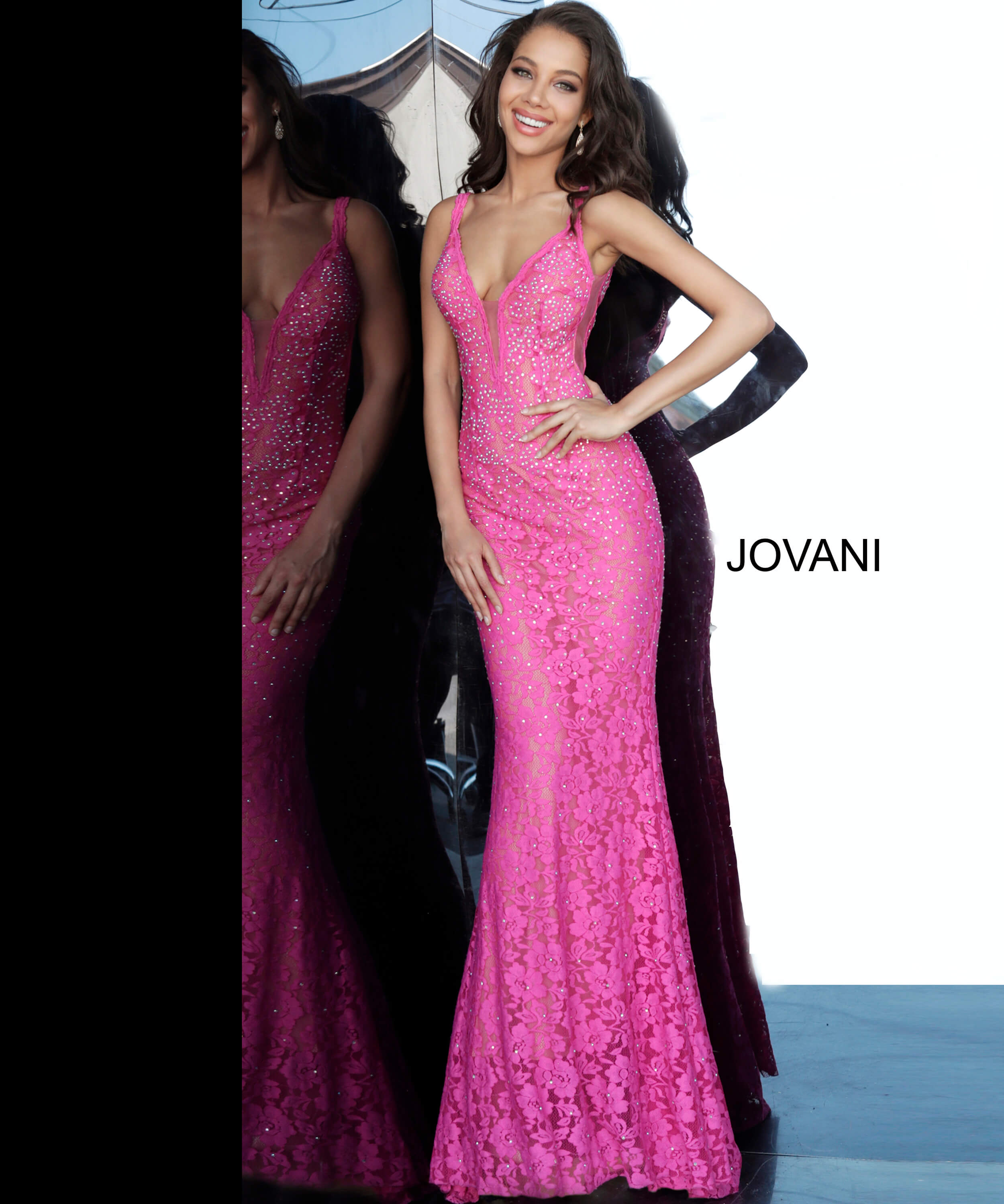 Jovani 48994  Red Fitted Embellished Lace Long Gown