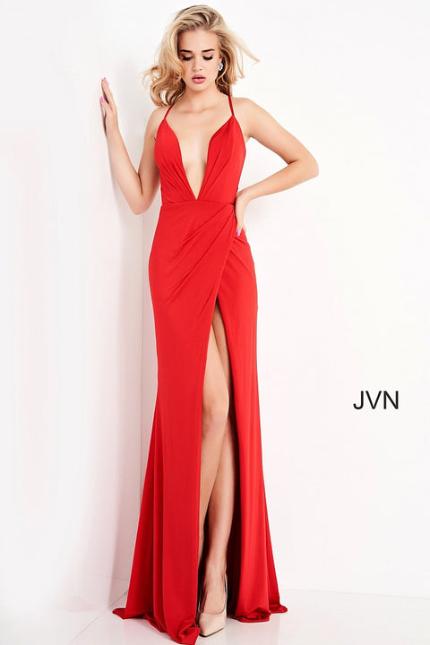 JVN02792 Plunging Neckline High Slit Prom Dress