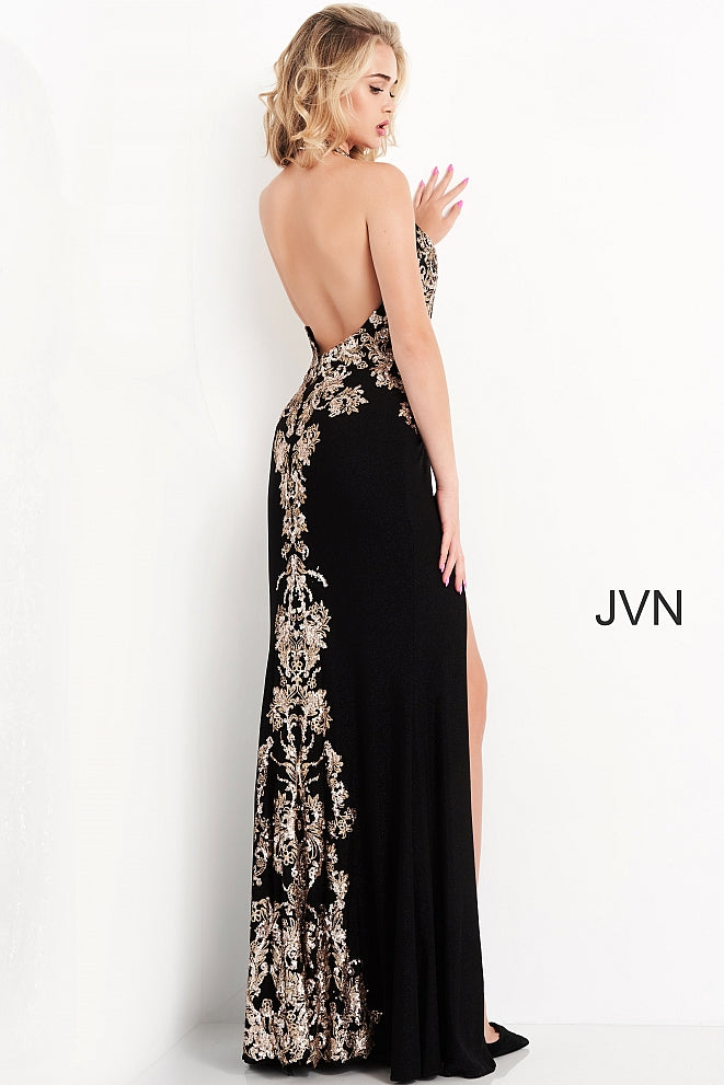 JVN04791 Black Gold Waterfall Back Prom Dress